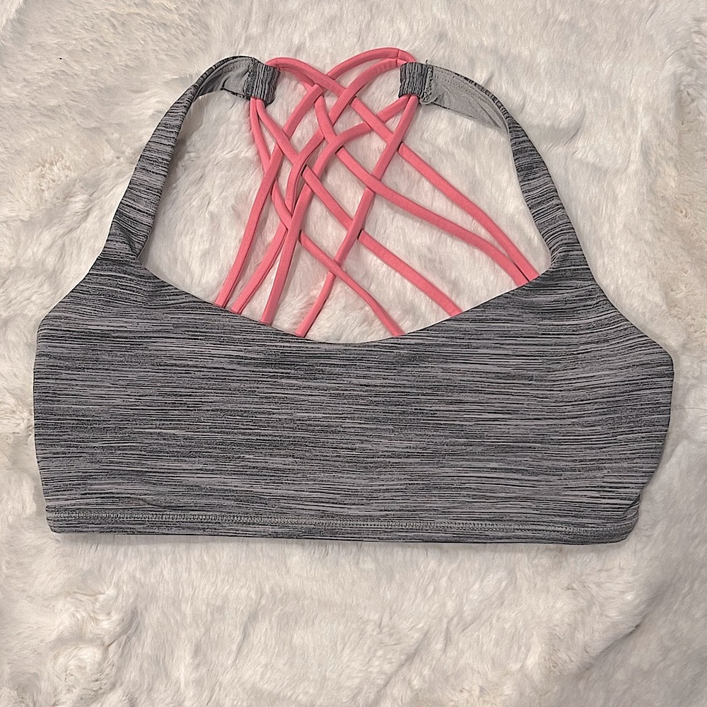 LULULEMON FREE TO BE WILD sports bra. Grey stripe with coral straps. Size 8